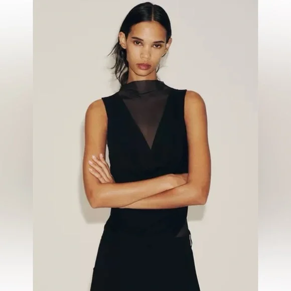 NWT Zara Sheer Tulle Draping Fabric High Neck Sleeveless Black Bodysuit Size XS - Picture 2 of 12
